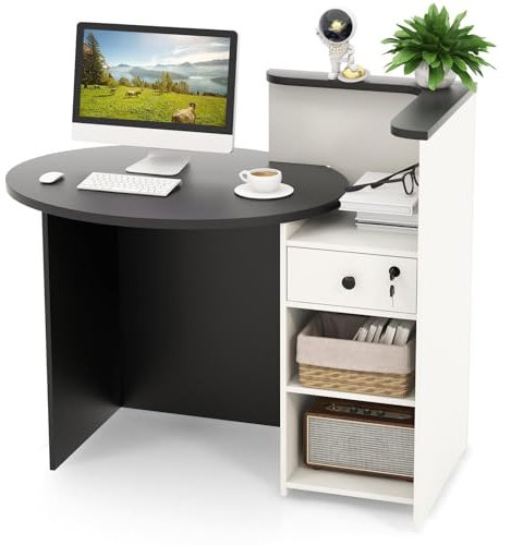 COSTWAY Reception Desk, Front Counter Desk with Lockable Drawer and Adjustable Shelf, Corner Cashier Retail Checkout Table Computer Desk for Beauty Salon Lobby (Black+White, Left Tabletop)