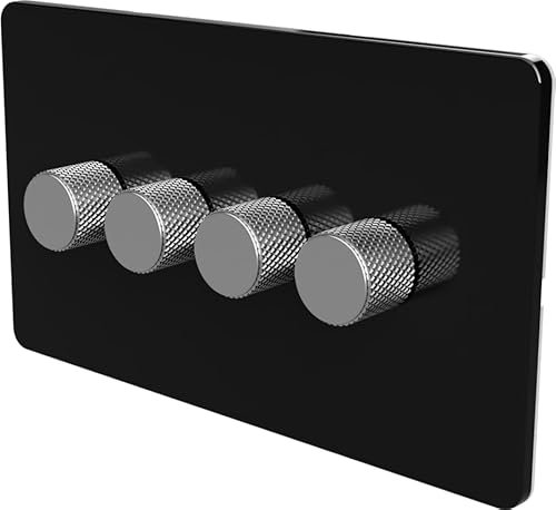 Flat Trailing Edge 2 Way LED Dimmer Switch Rotary Push On/Off for Dimmable LED and Halogen Lights - Black/Silver 4-Gang