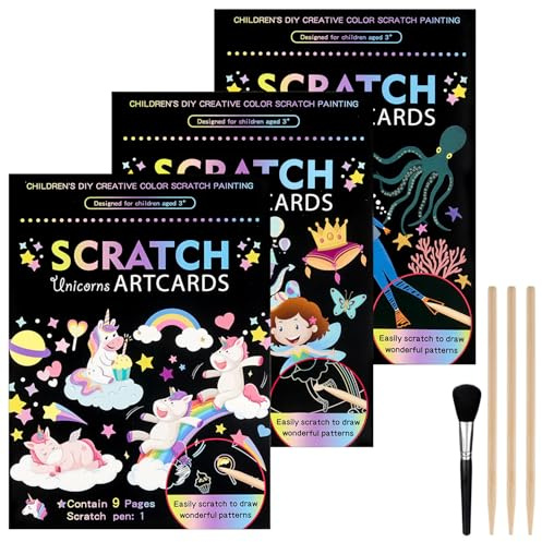 3 Satz Kratzbilder für Kinder 18,5 * 13,5 cm Magische Regenbogen Kratzpapier Kratzbuch Magic Scratch Book Kratzpapier Set mit Buntem Farbverlauf und Kratzstift, Einhorn,kleine Fee,Unterwasserwelt