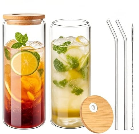 Haayymo 2 Pack 16oz/480ml Can Shaped Bamboo Lids Drinking Glasses with Straws, Ideal for Beer and Iced Coffee Glasses, Cocktail, Whiskey, Soda