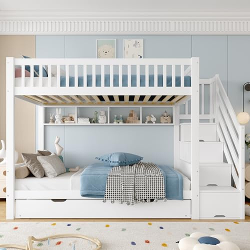 Idemon Etagenbett 90x200 cm mit AUSZIEHBETT & Treppe • Hochbett mit Kleiderschrank, Schubladen & Regal • Kinderbett & Gästebett in Weiß • Inkl. Integriertem Schrank & Großem Stauraum • Ohne Matratze