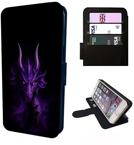 Dragon Wallet Phone Case Flip Cover Compatible with iPhone SE, X, XR, 11, 12, 13, 14, 15, 16, 16E, 17 (Air, Plus, Mini, Pro, Max Models) – Mystical Purple Dragon, Faux Leather Case with Card Slots