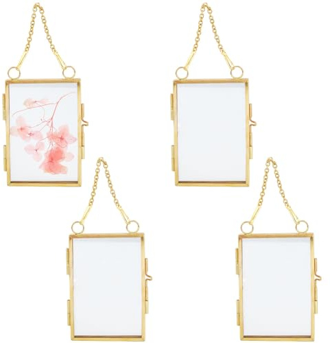 SOFPLATE 4 Stück 3.6 Zoll Messing Fotorahmen Zum Aufhängen An Der Wand Schwebender Glasrahmen Goldfarben Mini Rechteck DIY Vintage Heimdekor Doppeltes Klares Glas Mit Metallkette Zur Präsentation von