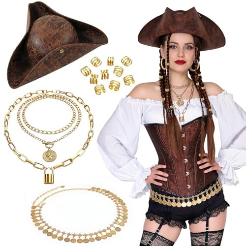 Piratenhut Piratenkostüm Damen Karneval Zubehör - Piraten Hut Accessories | 6 Stück Piraten Kostüm Frauen mit Halskette Taillenkette Haarschmuck Piratin Hut für Fasching Party Halloween Cosplay Costume