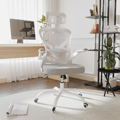 RTDTD Bürostuhl, Netz-Bürostuhl, Computerstuhl mit hochklappbaren Armlehnen, Schreibtischstuhl mit Verstellbarer Lendenwirbelstütze, ergonomischer Stuhl für Büro und Zuhause (Weiß)