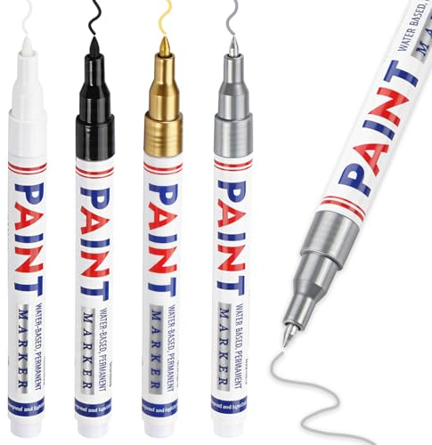 Nurila 4 Farben Permanent Marker Lackstifte, 0,7mm Permanent Marker Fein | Wasserfeste Lackmarker für Bemalen, Kunststoff, Holz, Metall,Keramik Tasse (Schwarz, Weiß, Gold, Silber)