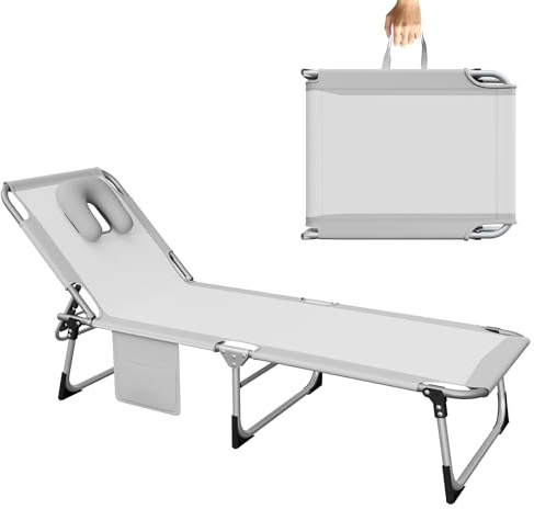 PEILU Sonnenliege Klappbar, Gartenliege mit Kopfstütze, Verstellbarer Rückenlehne & Beinstütze, Seitentasche & Gesichtsöffnung, Tragbare Liegestuhl für Balkon Terrasse Camping Büro (Hellgrau)