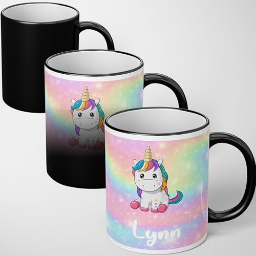 GIFTIMIZED Unicorn Name Mug Heat Sensitive Colour Changing Mug Magic Reveal Cute Fantasy Coffee Cup Personalised Kids Name Rainbow Unicorn Novelty Heat Change Magic Mug Gift