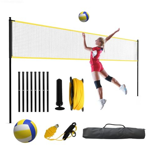 Ensemble de Filet de Volleyball réglable,9,75 m x 2,43 m,Filet de Volleyball Exterieur avec Ballon, Pompe, Cordes et Sac de Transport,pour la Plage, Le Parc, Le Camping et Le Jardin.