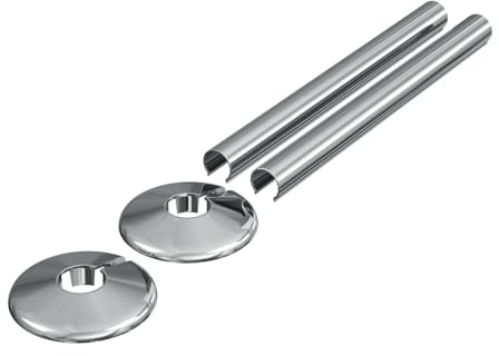 Radiator Pipe Covers & Collars 15mm | 2 Pack Clip-On Pipe Sleeves for Radiator Pipes | Luxury Finish, Easy Fit, Cut-to-Size Design (200mm) (Chrome)