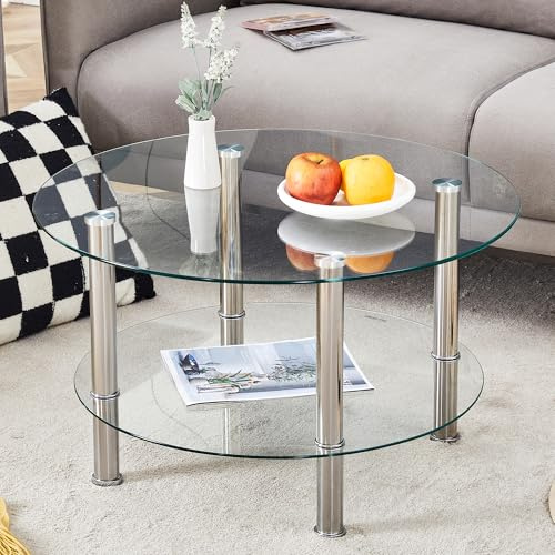 SmartEdge Couchtisch Rund Glas, 2-Ebenen Beistelltisch aus Hartglas, 70cm Glastisch Wohnzimmertisch Modern, Kaffeetisch mit Metallbeinen und Ablage, Sofatisch für kleine Räume, Transparent, Silber