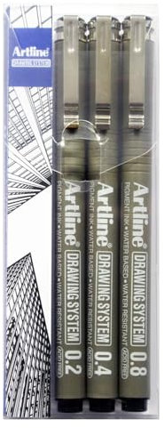 Artline Drawing System Zeichen-Set, Strichbreiten 0,2/0,4 / / 0,8 mm, im Etui, Schwarz, 3 Stück
