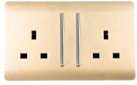 Trendi 2 Gang Raised Artistic Modern Glossy Screwless 13 Amp Single Pole with Chrome Switched UK Standard Electrical Double Wall Plug Socket in Champagne Gold (Pack of 5) - ART-SKT213LGO-P5