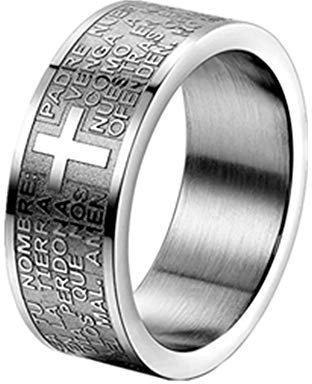JewelryWe Gioielli Anello da Uomo Donna,Anello 8mm, Acciaio Inossidabile, Anello Banda Argento Inglese Bibbia Preghiera Signori Attraversare Epoca, Misura 22