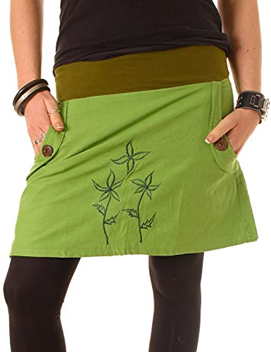 Vishes - Alternative Bekleidung - Baumwollrock mit Blumen Stickerei und Taschen Olivegrün-Lindgrün 44
