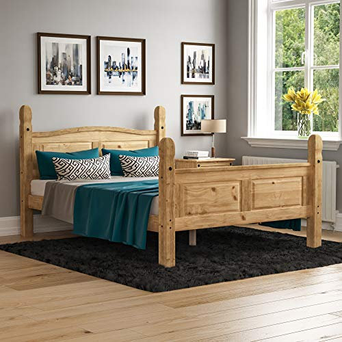 Vida Designs - Corona Double Bed Frame, 4 ft 6 in, High Foot End, Made from Distressed Waxed Pine, Solid Wood, Beige, 110 x 149 x 207 cm