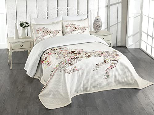 ABAKUHAUS Abstrakt Tagesdecke Set, Floral Pferd Paisley, Set mit Kissenbezug Romantischer Stil, für Einzelbetten 170 x 220 cm, Grün braun Rosa