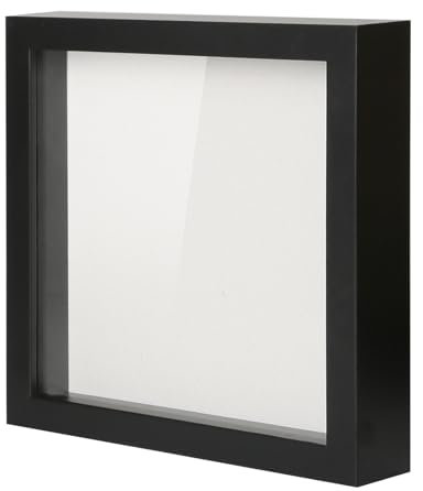 Muzilife 20,3 x 20,3 cm Shadow Box Bilderrahmen mit Leinenbrett – Tiefe Holz & Glas Vitrine Fertig zum Aufhängen Memorabilia, Pins, Auszeichnungen, Medaillen, Hochzeit, Tickets und Fotos (schwarz)