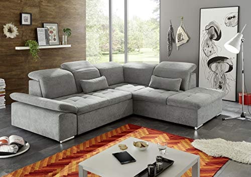 Stella Trading WAYNE Ecksofa mit Schlaffunktion, Stoffbezug Schlamm - Ausziehbare Eckcouch mit Bettkasten & verstellbaren Arm- und Kopfteilen - 276 x 81(104) x 240 cm (B/H/T)