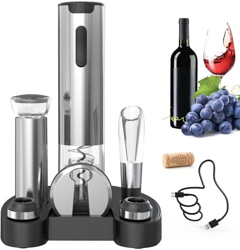 CIRCLE JOY 7-in-1 Weinflaschenöffner Set, wiederaufladbarer elektrisches Korkenzieher-Geschenkset mit Folienschneider, USB-Kabel, Weinausgießer und 2 Vakuumstopfen