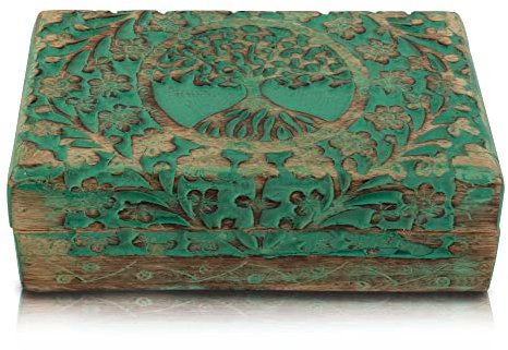 Tolles Geburtstagsgeschenke Handmade dekorative hölzerne Schmuckkiste Baum des Lebens schnitzen Schmuck Organizer Andenkenbox Schatztruhe Schmuckstück Halter Storage Lock Box Housewarming (Green)