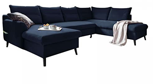 MIUFORM Ecksofa U-Form mit Schlaffunktion und Bettkasten | Stylish Stan | Wohnladschaft Couch Schlafcouch Wohnzimmer Gästezimmer | Holzlfüße Easy-Clean Stoff Samt (Navy blau, Rechts ausgerichtet)