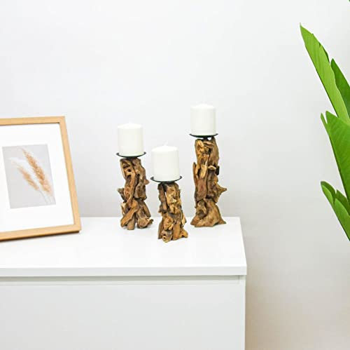 AquaOne Kerzenständer 3er Set I Treibholz Natur Stumpenkerzen Ständer Größe M L XL I Naturholz Rustikal I Holz Möbel Deko I Handarbeit Unikat Wurzel Braun
