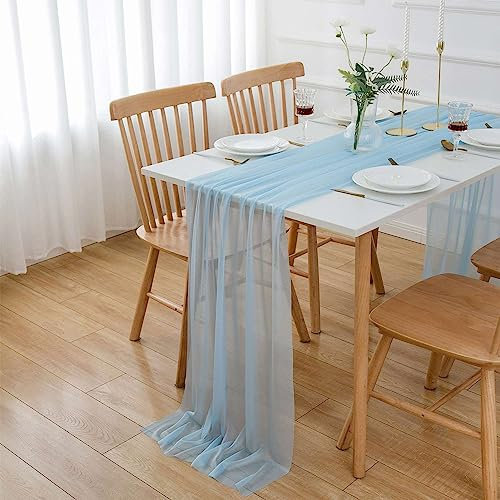 AOKSUNOVA Tischläufer Chiffon Blau Tischläufer Tüll 300x70cm für Hochzeit Kommunion Hellblau