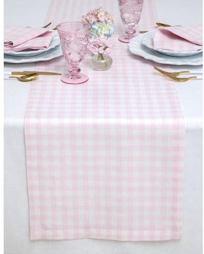 Solino Home Gingham Check 14 x 48 Zoll Tischläufer - Marshmellow Pink, 100% reines Leinen, europäisches Flachs Plaid Tischläufer - handgefertigt und maschinenwaschbar
