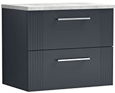 nuie DPF1493LBG Deco Modern Bathroom Wall Hung 2 Drawer Part Fluted Vanity Basin Unit with Laminate Bellato Grey Worktop, 600mm, Soft Black