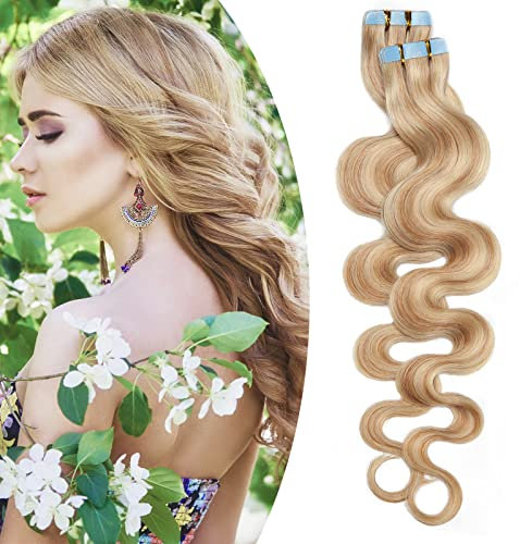 SEGO Echthaar Extensions Tape Klebeband Haarverlängerung Invisible Seamless Skin Weft Menschenhaarverlängerung 50GR/20PCS 12(30cm)-20 PCS-Gewellt Honigblond/Hellblond #18p613-1
