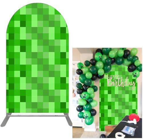 FiVan 7.2x4ft Green Pixel Arch Backdrop, Video Game Theme Party Background for Gamer Birthday Party, Kids' Gaming Event Decorations, Photo Booth Prop