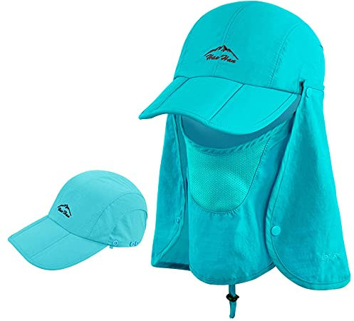 Erwachsene Baseball-Kappe, 3 in 1 Faltbar Schirmmütze mit Gesichts und Nacken UV-Schutz, Wandern Fischen Hut | Sommerhut | Safari Hüte | Baseball Cap für Herren und Damen (Seeblau)