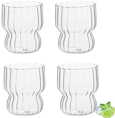 Cappuccino Gläser Espresso Tassen, 300 Ml, Kaffeegläser Dessertgläser Tee Glas Ripple Kaffeetassen Saftgläser Kleine Origami Stil Gläser aus Borosilikatglas für Latte, Tee, Eis, Milch, Bier (4pcs)