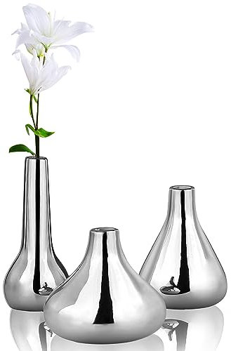 Port&Petal Small Bud Vases (Set of 3) 3.5-5' Tall with Reflective Finish | Silver Home Decor, Table Decor, Wedding Table Centerpiece
