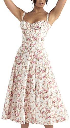 IBTOM Castle Women's Floral Corset Dress Square Neck Spaghetti Strap Summer Boho Sundress Casual Flowy Slit Bustier Dresses White-Rose S