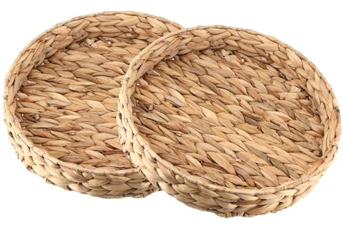 CHEUKYIU 2 Stück Tablett Rund Geflochten aus Seegras Wasserhyazinthe, 32cm und 28cm Durchmesser, Deko Tablett Rund Geflochten Brotkorb Geflochten Wasserhyazinthe für Essen, Obst, Gemüse