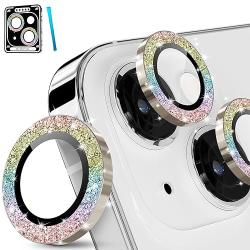 imluckies für iPhone 15 - iPhone 15 Plus Kameraschutz, Glitzer Aluminiumlegierung & 9H Gehärtetes Glas HD Klar Kamera Linse Schutzfolie, Glitter Bunt