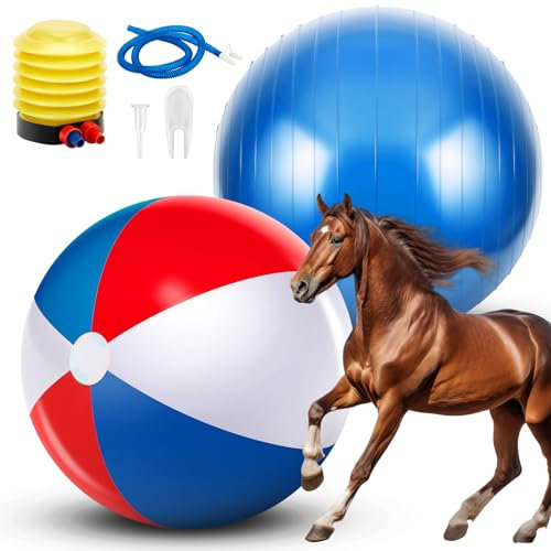 Lunmon Herding Ball für Pferde, Ziegen, Anti-Burst, großer riesiger Spielball für Pferde, Stalltraining, Handluftpumpe im Lieferumfang enthalten, 2 Stück (klassische Dreifarben)