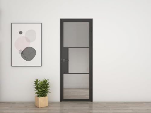 Schulte porte intérieure loft en verre, bloc-porte vitré, 90x215cm, atelier, noir mat, verre transparent, verrière, 3 vitrages, tirant droit - serrure