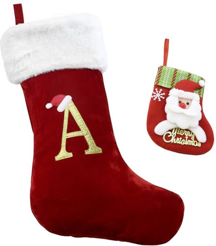 TCOTBE 50,8 cm Monogramm Weihnachtsstrümpfe mit Buchstaben, personalisierter Monogramm-Weihnachtsstrumpf, Weihnachtsstrümpfe, roter Samt mit weißem superweichem Plüsch, Weihnachtsferien,