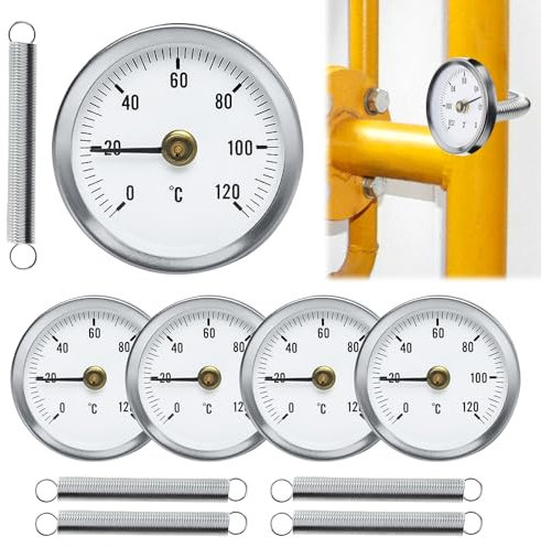 Anlegethermometer Heizungsrohr, 5 Stück Bimetall Anlegethermometer Thermometer, Industrielles Rohrthermometer, Temperaturanzeige Mit Clip-On Feder, Zeigerthermometer 0-120 °C 63 mm Rohr Thermometer
