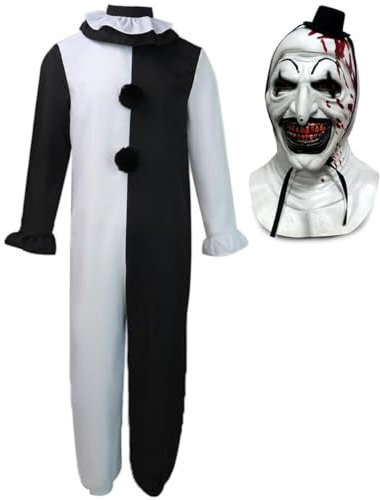 Claofoc Terrifier Kostüm Art the Clown Cosplay Erwachsene Outfits der Killer Clown Jumpsuit Bodysuit mit Maske für Halloween Karneval (Erwachsene Terrifier Kostüm, S)
