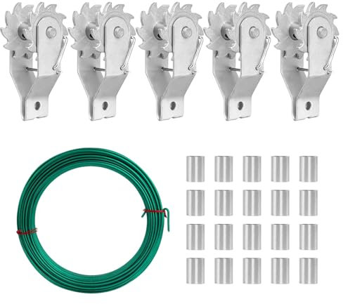 Electric Fence Wire Strainer, 5PCS Heavy Duty Inline Tensioners with 100 FT Green PVC Coated Galvanised Rope and 20 Aluminum Sleeves, Wire Ratchet Tensioner for Electric Fence, Farm Fence