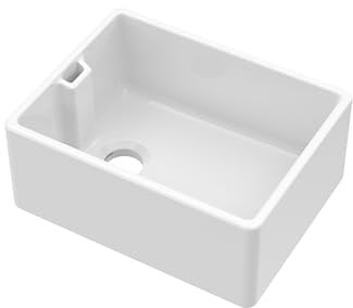 Balterley 595mm Belfast Kitchen Sink Single Bowl with Built-in Weir Style Overflow, Durable Belfast Fireclay White Ceramic Kitchen Sink Bowl, Reversible Farmhouse Sinks - 595 x 455 x 245mm (White)