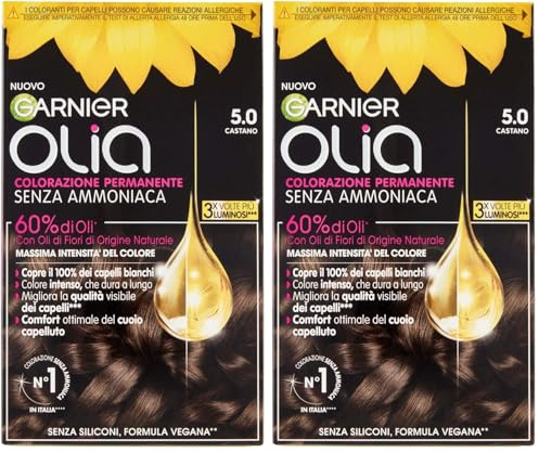 Garnier Olia Tinta Capelli, Senza Ammoniaca, Copre il 100% dei Capelli Bianchi, Formula Formula Vegana, Castano (Confezione da 2)