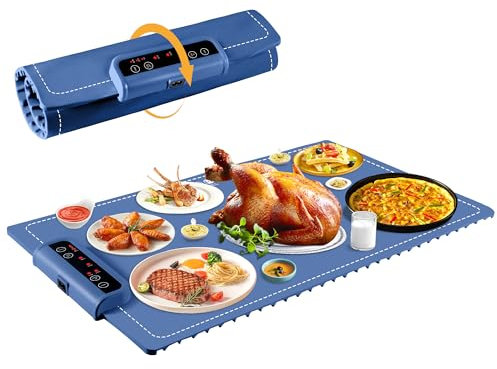 Food Warming Mat-Foldable Electric Warming Mat for Food Sillicon Food Warmer with Adjustable Temperature Control Time Moders Locking Function Warming Tray for Buffet,Party Blue