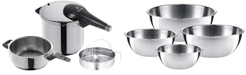WMF Perfect Premium - Set con Olla Rápida 22 cm de diámetro y medio + cuerpo con cestillo de vapor & Bol Gourmet - Set de 4 Cuencos de Mezcla (16, 18, 22, 24 cm), Acero Inoxidable Cromargan 18/10