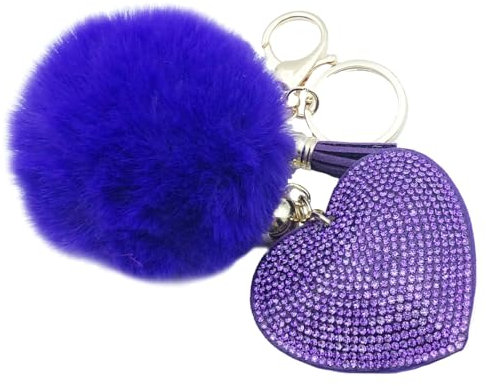 Xsclpomddy Glitter Schlüsselanhänger Herz Anhänger Schlüsselring Herzanhänger mit Pom Pom Schlüsselbund Taschenanhänger Ball für Handtasche Auto Anhänger Dekoration,purple