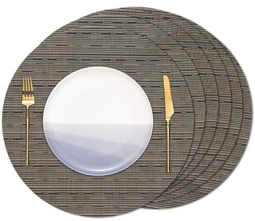 Banchif Tischsets Rund, Tischsets Abwaschbar 6er Set Platzdeckchen PVC Rund rutschfest Platzsets Abwischbar Gewebte Vinyl Platzsets Durchmesser 38 cm, Schwarz Gold